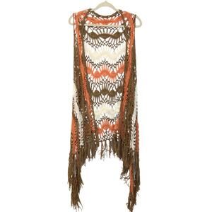 Cool Attitude Brown, Copper, Cream Crochet Fringed Sleeveless Vest Size Medium